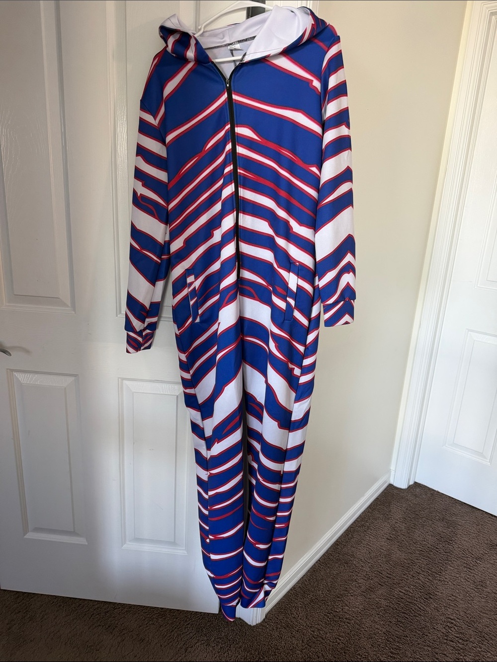 Striped Hooded Women's Jumpsuit in Blue, White & Red Zubaz - loose fit